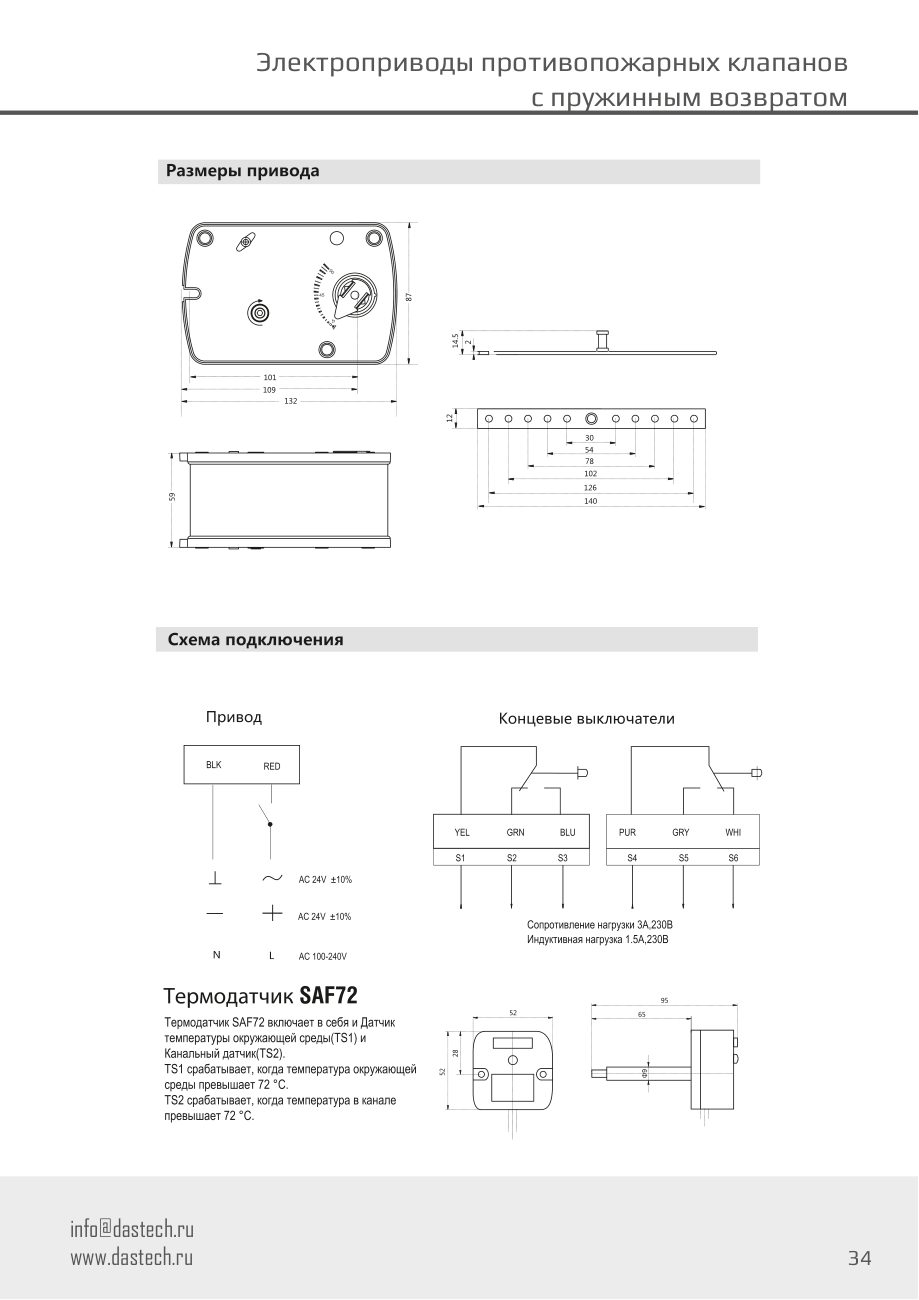 Размеры и схема подключения электропривода Dastech FR-03N220ST
